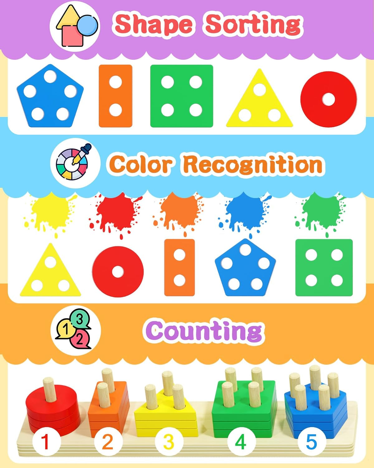 Montessori Toys for 1 2 3 Year Old Boy Girl, Toys for Ages 2-4 Toddlers Kids Baby, 1 2 Year Old Boy Girl Birthday Gifts, Wooden Learning Puzzles Shape Sorter Toys for Toddlers 1-3