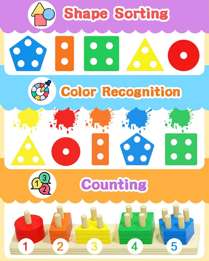 Montessori Toys for 1 2 3 Year Old Boy Girl, Toys for Ages 2-4 Toddlers Kids Baby, 1 2 Year Old Boy Girl Birthday Gifts, Wooden Learning Puzzles Shape Sorter Toys for Toddlers 1-3