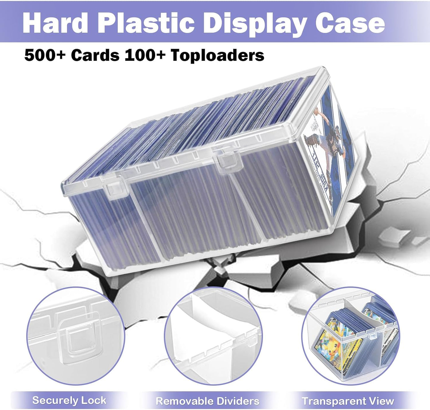 Trading Card Storage Box with 2 Dividers,Toploads Storage Box Plastic Baseball Card Storage Box for 500+ Sports Cards 100+ Top Loads for MTG Magic TCG Yugioh Playing Card Case Holder (1 Pack)