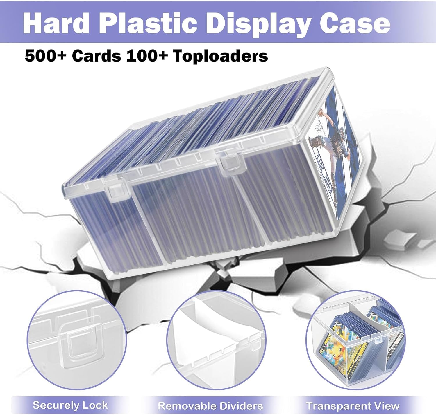 Trading Card Storage Box with 2 Dividers,Toploads Storage Box Plastic Baseball Card Storage Box for 500+ Sports Cards 100+ Top Loads for MTG Magic TCG Yugioh Playing Card Case Holder (1 Pack)