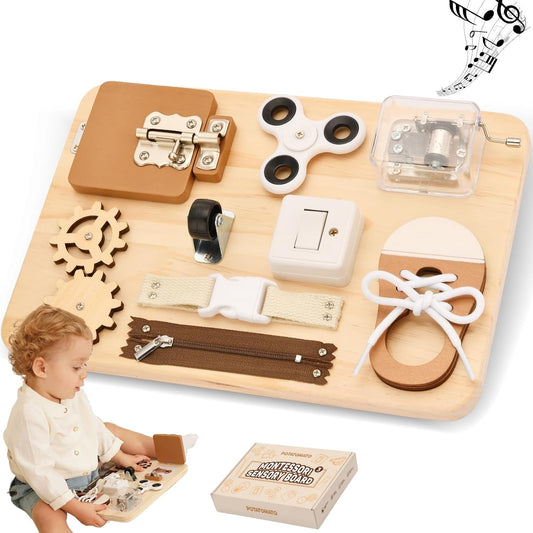 Busy Board Toddlers - Montessori Educational Fidget Toys for Baby - Wooden Sensory Toys Autistic Children - Preschool Learning Activities Fine Motor Skills – Travel Toy for 3 4 Years
