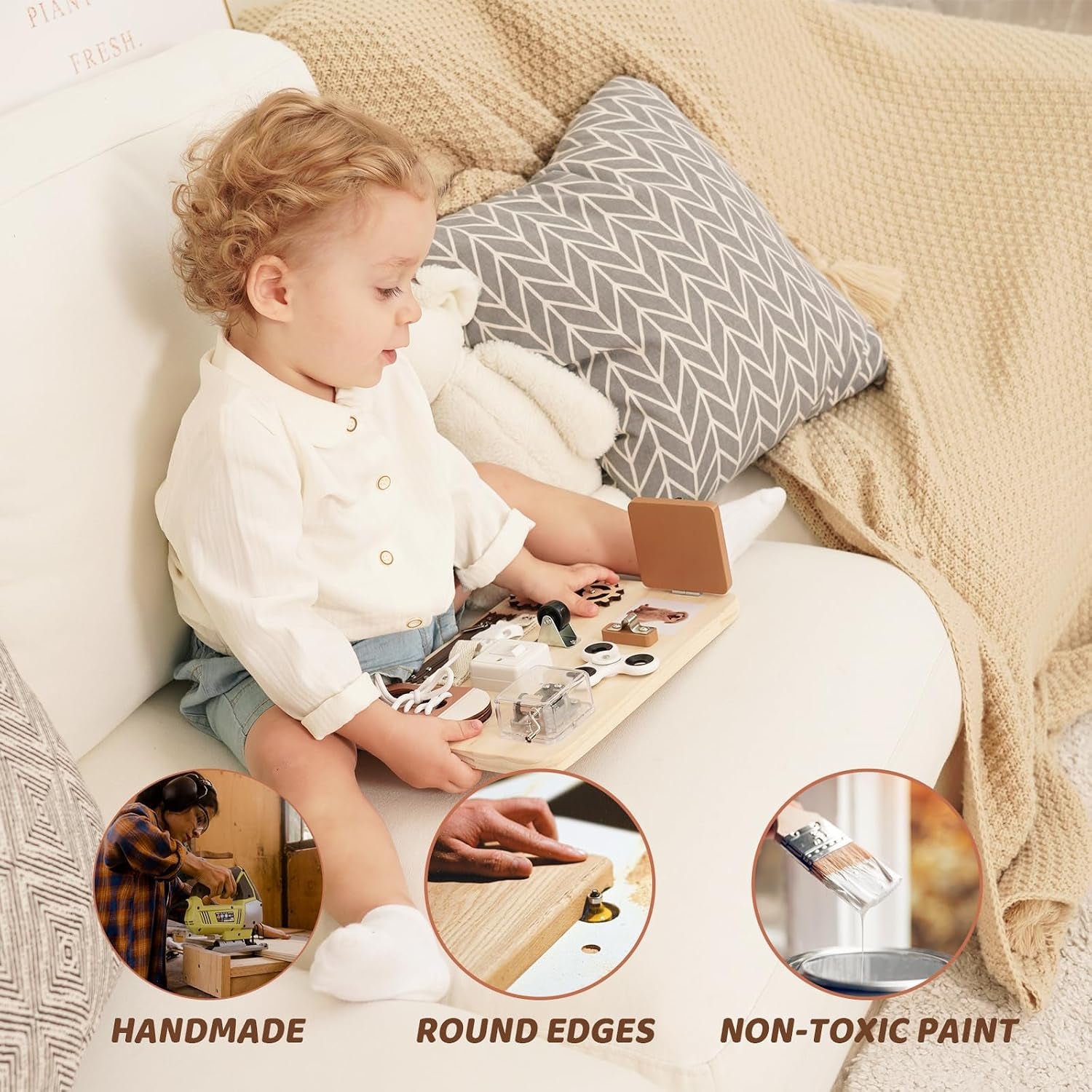 Busy Board Toddlers - Montessori Educational Fidget Toys for Baby - Wooden Sensory Toys Autistic Children - Preschool Learning Activities Fine Motor Skills – Travel Toy for 3 4 Years