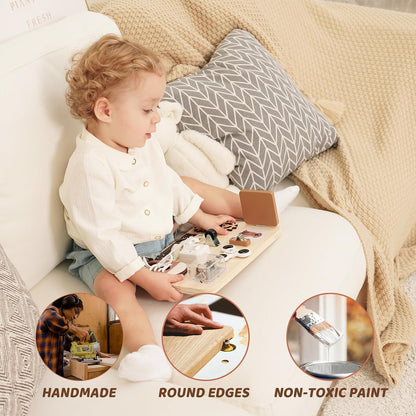 Busy Board Toddlers - Montessori Educational Fidget Toys for Baby - Wooden Sensory Toys Autistic Children - Preschool Learning Activities Fine Motor Skills – Travel Toy for 3 4 Years