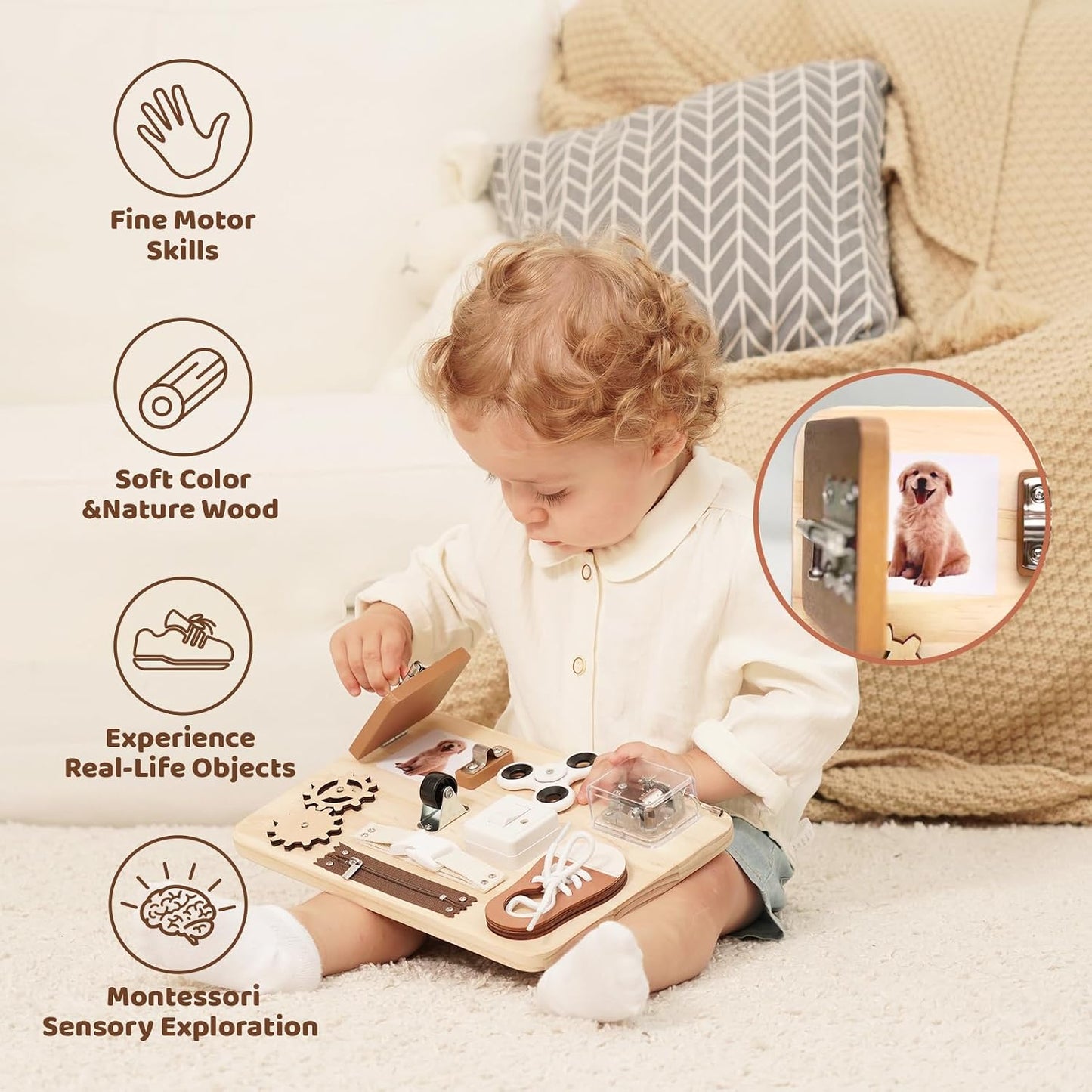 Busy Board Toddlers - Montessori Educational Fidget Toys for Baby - Wooden Sensory Toys Autistic Children - Preschool Learning Activities Fine Motor Skills – Travel Toy for 3 4 Years