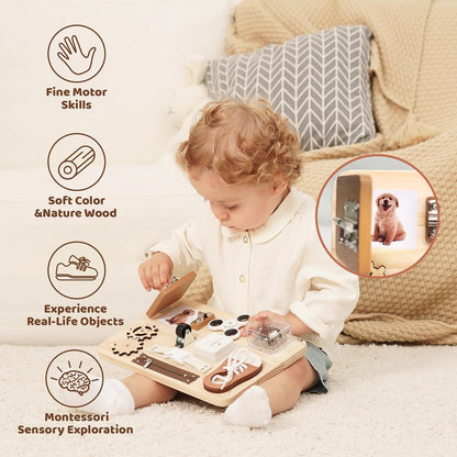 Busy Board Toddlers - Montessori Educational Fidget Toys for Baby - Wooden Sensory Toys Autistic Children - Preschool Learning Activities Fine Motor Skills – Travel Toy for 3 4 Years